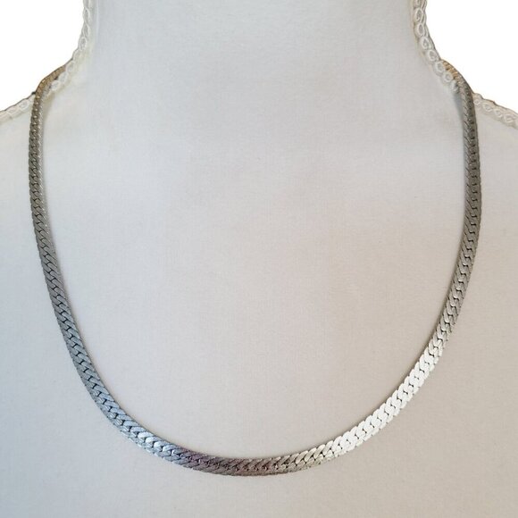 Vintage Merlite Thick Herringbone Chain Necklace 20" Textured Semi-Matte Silver - Picture 1 of 7